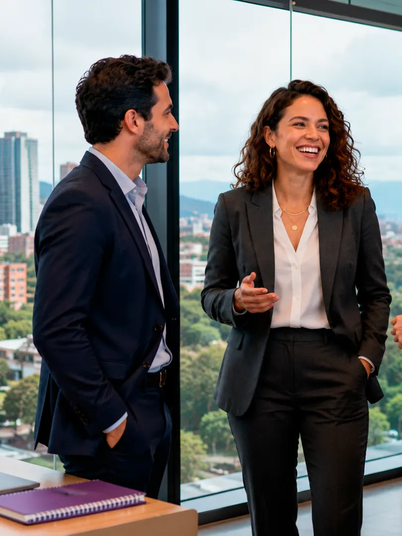 Dos brokers Habi conversando frente a la ciudad
